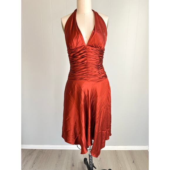 Vintage Y2K Cache Silk Ruched Dress 4 Burnt Orange Rust Asymmetric Fairy Halter - Picture 1 of 16